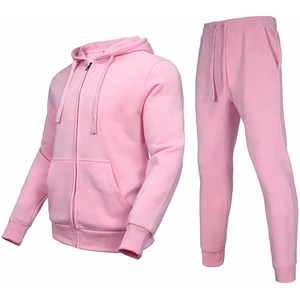 Unisex <b>Pink</b> Hooded <b>Tracksuit</b> Set Full Zipper Sweatshirt Side Pockets Casual Solid Color Autumn Wear Adult Size - Product Image 1