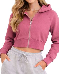Custom <b>Womens</b> Cropped Zip Up Hoodie <b>Pink</b> Color Long Sleeve Hooded Sweatshirt Casual Streetwear Fitness Jacket Winter Fashion <b>Top</b> - Product Image 1