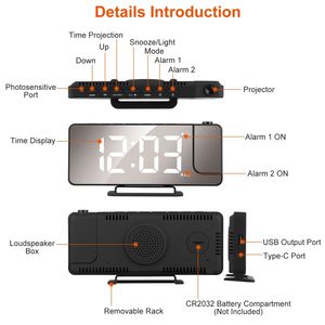 Réveil numérique LED avec 6 niveaux de luminosité, miroir de 7,7 pouces et double alarme, fonction snooze, horloge de table intelligente à projection - Product Image 2