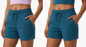 Shorts tricotés taille haute pour femme, bleu uni, avec cordon de serrage, décontractés, avec poches, respirants, mélange coton élasthanne - Product Image 6