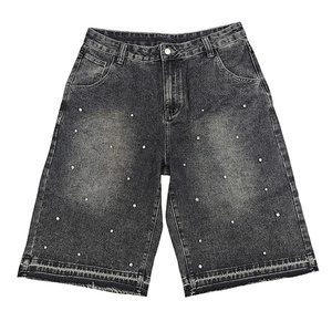 Ropa de calle de verano para hombre Y2K, pantalones cortos vaqueros deshilachados de gran tamaño, pantalones largos holgados negros y grises, lavado con diamantes de imitación, ajuste holgado lavado oscuro - Product Image 1