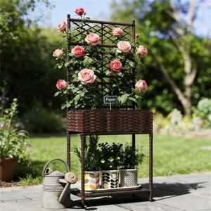 Fioriera da Giardino Marrone per Esterni con Cesto Sospeso e Vaso per Fiori e Contenitore per Piante - Product Image 1