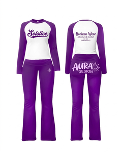 Soft stretch 220 GSM polyester spandex <b>tshirt</b> and pant set purple <b>white</b> contrast raglan sublimation print logo Women's Sets - Product Image 1