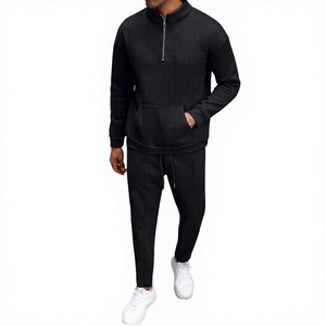Ensemble de survêtement décontracté pour homme Patch House, sweat-shirt à fermeture éclair courte et pantalon à cordon de serrage, noir uni, manches longues, polyester respirant - Product Image 5