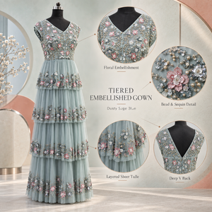 Elegant Dusty Sage Blue Floral Embellished Tiered Evening <b>Gown</b> | V Neck Cap Sleeve Beaded Sequin Tulle A Line <b>Floor</b> <b>Length</b> Dress - Product Image 5