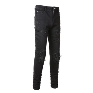 Wholesale Fashion Trend Black Pleated Fabric Ripped <b>Jeans</b> Men's Slim Fit <b>Elastic</b> Denim Pants for Men - Product Image 2