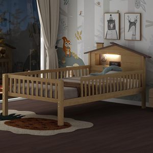 Marco de cama doble con luz LED con cabecero en forma de Casa barandilla niños plataforma de madera cama almacenamiento incorporado para niñas niños para hoteles - Product Image 5