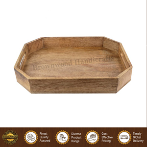 Elegante mesa de comedor de madera de mango natural de color quemado, hecha a mano, con bandeja para servir comida, de un exportador indio. - Product Image 2