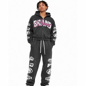 Private Label Trendy Acid Washed Unisex Tracksuit Winter Midweight Hooded 2 Piece Loose Fit Fashion Set Distressed Vintage Set - Product Image 6