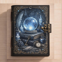 Carnet en cuir vintage avec boule de cristal, livre de sorts sorciers, grimoire gothique, journal à fermoir métallique, carnet d'écriture fantastique, Noël