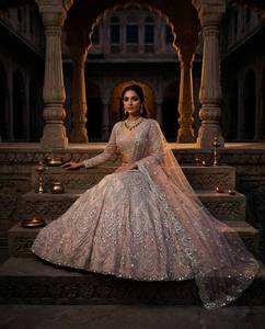 Beige Net Zari <b>Sequin</b> Zircon Lehenga Choli Dupatta A-Line Wedding Outfit Readymade Ethnic Wear for Women - Product Image 3
