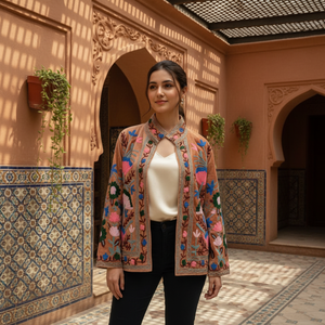 Brown Velvet Embroidery Bomber Jacket | Floral Needle <b>Work</b> <b>Stand</b> Collar Women Casual Wear Handmade Masterpiece Cotton Lining - Product Image 2