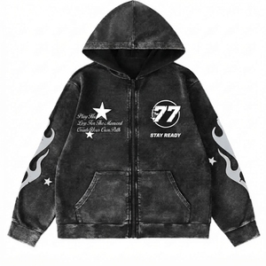 Sweat-shirt unisexe noir à capuche zippé avec logo imprimé flamme, coupe oversize décontractée pour l'automne, 100 % coton tricoté respirant - Product Image 1