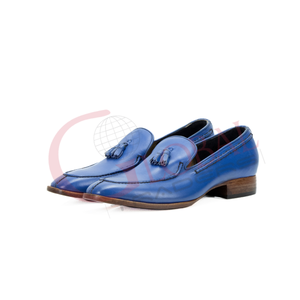 Mocassins pour hommes en cuir de vachette véritable, à enfiler, design décontracté, couleur bleue - Product Image 1