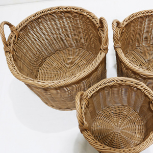 Handwoven <b>Plastic</b> Rattan Round Storage <b>Basket</b> Set Nesting Laundry Bins Double Loop Handles - Product Image 4