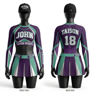 Uniforme de cheerleading haut de gamme en polyester et élasthanne 220 GSM, design à panneaux violet, turquoise et blanc, ensemble personnalisé avec logo par sublimation - Product Image 4