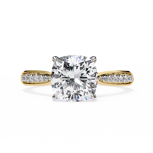 Romantic 1.80ct Cushion Cut Lab Grown Diamond <b>Solitaire</b> <b>Ring</b> with Pave Bridge and Full Pave Shank in 18K Yellow Gold - Product Image 1