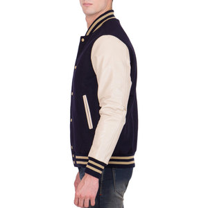 Men's Navy Blue Varsity <b>Jacket</b> With Cream PU <b>Leather</b> Sleeves Turn-Down Collar Preppy Style Autumn Wear - Product Image 3
