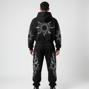 Custom Flame Graphic Printing <b>Black</b> Fleece <b>Zip</b>-<b>up</b> <b>Hoodie</b> and Joggers Set with Silver Glitter Sun Tracksuit For Streetwear - Product Image 2