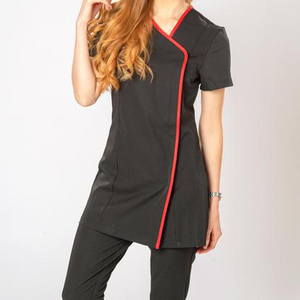 Unisex <b>Black</b> Short Sleeve Scrub Top with Blue Trim Breathable Cotton Spandex Uniform for Adults Custom Logo - Product Image 4