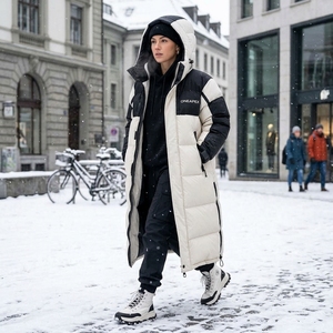Manteau long matelassé unisexe noir crème avec capuche, style doudoune épaisse, chaud pour l'hiver, streetwear d'extérieur, personnalisable - Product Image 5