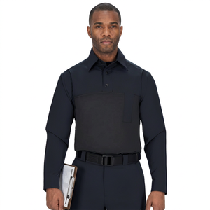 Polo à manches longues pour homme, couleur unie, avec poche, anti-plis, en polyester tissé, coupe classique - Product Image 2
