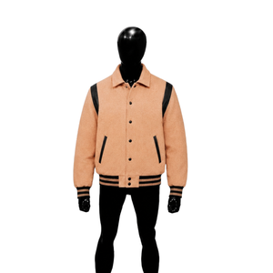 Chaqueta Varsity de Lana para Hombre, Color Durazno, Cuello Camisero, Corte Regular, Estilo Casual Otoñal, Cierre de un Solo Botón con Ribete Negro, AUTÉNTICA - Product Image 1