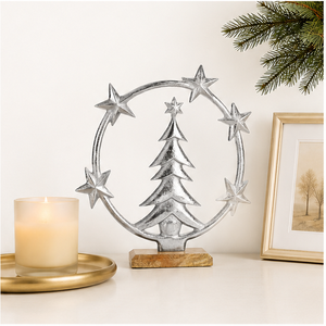 Modern Silver Metal Christmas <b>Tree</b> Sculpture With North Star Circle Premium Nickel-Plated Aluminum Figurine On Solid Wood Base - Product Image 2
