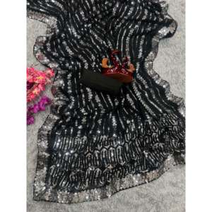 Sari acampanado con corte en A para fiestas, con bordado de lentejuelas y ribete de encaje - Product Image 5