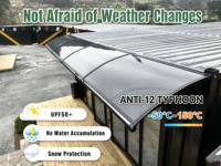 Auvent/canopée extérieur en polycarbonate pour balcons, patios et jardins, avec une grande gouttière de drainage et une protection UV.