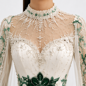 Nouvelle Robe de Mariée de Luxe en Satin, Coupe A-Line, Longueur Ras du Sol, Ivoire, avec Broderie Florale Vert Émeraude et Manches à Col Montant - Product Image 3