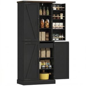 8 Door Racks and Adjustable Shelves Black 72\" Tall <b>Kitchen</b> <b>Pantry</b> Cabinet Modern Farmhouse Storage with Particle Board Design - Product Image 1