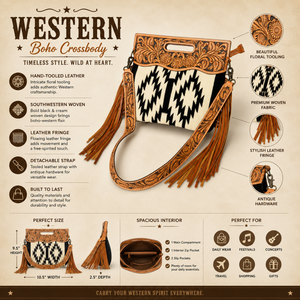 Western Tooled Leather Crossbody Bag Handmade Fringe Shoulder Purse Southwestern Tribal Woven <b>Handbag</b> Women Boho Travel Eco - Product Image 5