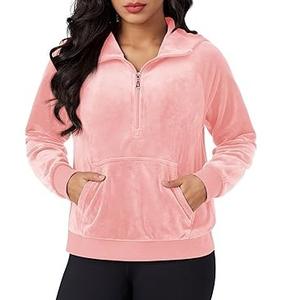 Sudadera con capucha de terciopelo para mujer, con cremallera y bolsillos canguro, transpirable, para invierno, estilo urbano, venta al por mayor, bajo MOQ, precio bajo - Product Image 2