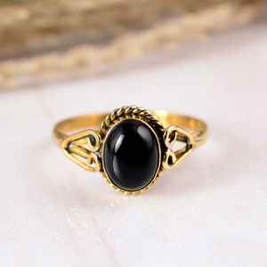 Elegant Brass Gold Plated Black Tourmaline Oval Bezel Setting Handmade Rope Design Natural Gemstone <b>Statement</b> <b>Ring</b> Boho Hippie - Product Image 1