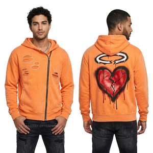 Sudadera con capucha naranja vibrante con cremallera lateral, estilo streetwear desgastado y rasgado, estampado de corazón con grafiti, para hombre, oversize, lavado ácido, personalizada. - Product Image 1