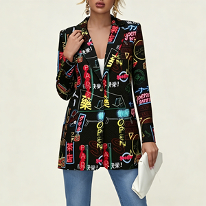 Oferta especial en Temu: Blazer con estampado de grafiti para mujer, cuello de solapa, frente abierto, abrigo informal de oficina, ropa de calle moderna. - Product Image 1