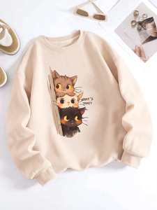 Sweat-shirt à capuche basique sportif pour l'automne-hiver 2026 avec impression 'Trois petits chats vous observent discrètement' - Product Image 1