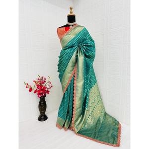 TRADITIONNEL BANARASI SOIE ZARI BRODERIE DENTELLE DE TRAVAIL SAREE AVEC CHEMISIER NON COUDU VERT DE MER - Product Image 1