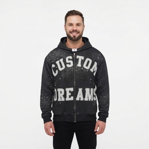 Sudadera con capucha de punto extragrande negra para hombre, con cremallera frontal, estampado de letras, puntos brillantes, cortavientos, estilo Hip Hop Streetwear - Product Image 1