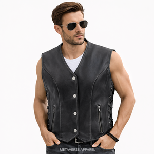 Gilet de motard pour homme en polyester/coton gaufré, à bouton unique sur le devant, respirant, vêtement d'extérieur, finition artisanale - Product Image 4