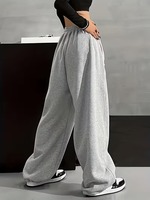 Pantalon de survêtement taille haute pour femme, coupe large, gris uni, en coton, taille élastique, longueur intégrale, poches latérales, style décontracté, collection automne