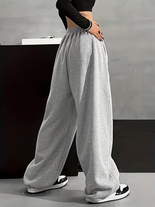 <b>Women</b> High Waist Wide Leg Sweatpants Solid Gray Cotton Elastic Waist Full Length Side Pockets Casual Pants Autumn Style - Product Image 2