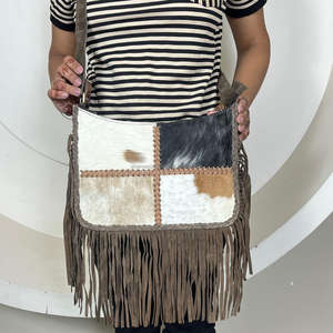 Wholesale Western Style Genuine Cowhide Leather Patchwork Fringe Crossbody Bag Luxury Suede Shoulder Purse <b>Handbag</b> for Women's - Product Image 4