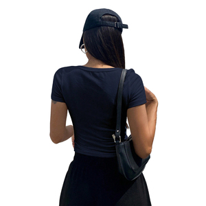 2026 Blue Scoop Neck Ribbed Crop <b>Top</b> Women's Shirts Slim Fit Short Sleeve Tight Gym Tee <b>Elastic</b> Summer Knitted Activewear Blouse - Product Image 2
