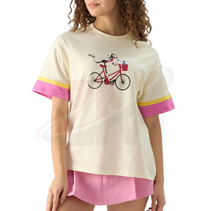 Camiseta de Moda para Mujer, Color Crema, con Estampado de Logotipo de Bicicleta de Dibujos Animados, Puños Rosados, Corte Holgado, Cuello Redondo, Manga Corta, Informal, para Primavera/Verano - Product Image 2