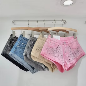 Shorts de Mezclilla con Lentejuelas de Cintura Alta para Mujer, Color Caramelo, Casuales, Transpirables, de Algodón Lavado - Product Image 1