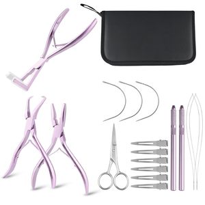 Hair Extension <b>Tools</b> <b>Kit</b> Stainless Steel Pliers Scissors Clips Needles <b>Pink</b> Color for Installation and Removal - Product Image 1