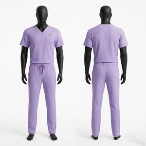 Conjunto de uniforme médico unisex Black Hardson, morado, de manga corta, cuello en V con bolsillo, uniforme hospitalario de sarga de elastano/poliéster, con detección de agujas - Product Image 1