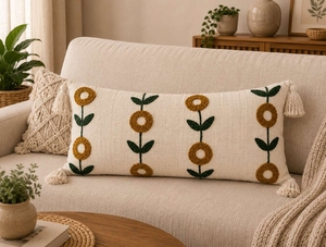 Coussin lombaire personnalisé fait main en coton avec broderie florale géométrique, style bohème, couleur moutarde, coussin d'appoint long touffeté avec pompons - Product Image 6